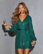 Green % Right With You Sequin Tie Wrap Mini Dress-5