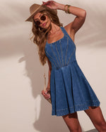Liria Denim Fit and Flare Halter Neck Mini Dress
