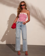 Suttin Gingham Ruffle Eyelet Strapless Top