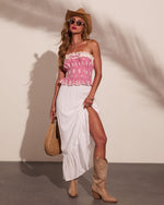 Suttin Gingham Ruffle Eyelet Strapless Top