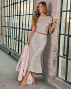 Champagne Muse Metallic Sequin Midi Skirt