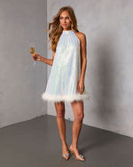 Darling Dawn Sequin Feather Trim Mini Dress