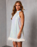 Darling Dawn Sequin Feather Trim Mini Dress