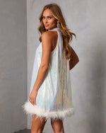 Darling Dawn Sequin Feather Trim Mini Dress