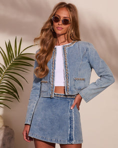 Afternoon Society Frayed Chain Link Denim Blazer