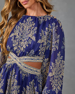 Navy blue and gold floral damask long sleeve crop dress with cutout waist and ornate trim detail