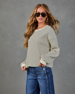 Woman wearing cream and navy striped ribbed long-sleeve top with wide-leg distressed jeans and aviator sunglasses