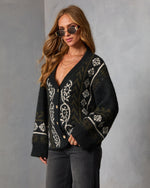 Black % Oat Loop  Abstract Print Cardigan-3