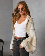 Oatmeal % Marenne Cropped Argyle Print Cardigan-3