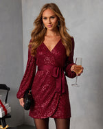 Wine % Right With You Sequin Tie Wrap Mini Dress-6