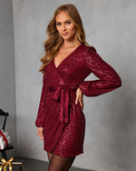 Wine % Right With You Sequin Tie Wrap Mini Dress-3