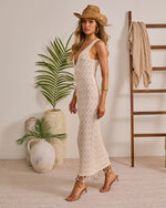 Sunlit Glow Knit Beaded Fringe Hem Cover Up Maxi Dress