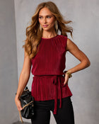 Burgundy % Livie Pleated Satin Waist Tie Top-1
