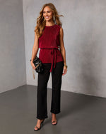 Burgundy % Livie Pleated Satin Waist Tie Top-2