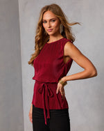 Burgundy % Livie Pleated Satin Waist Tie Top-3