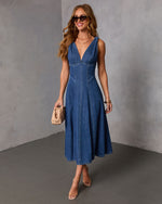 Karlien Denim V Neckline Midi Dress