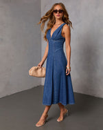 Karlien Denim V Neckline Midi Dress