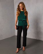 Hunter Green % Livie Pleated Satin Waist Tie Top-2