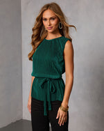 Hunter Green % Livie Pleated Satin Waist Tie Top-3