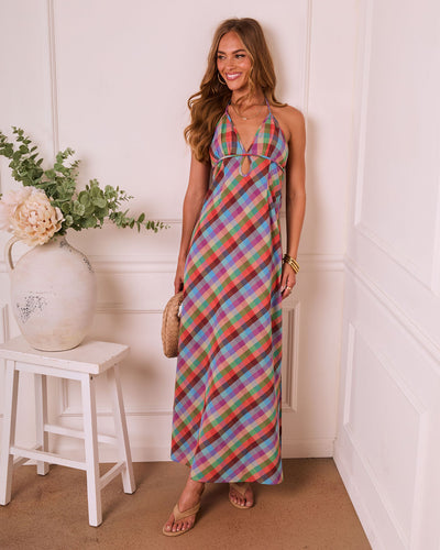 slim fit dress slacks Serene Renewal Plaid Slip Halter Neck Maxi Dress – VICI