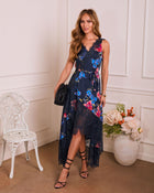 Bloom Era Wrap Floral Satin Lace Midi Dress