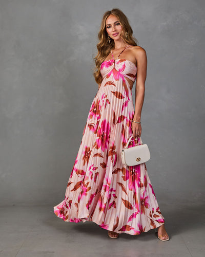 Sunny Peony Pleated Floral Satin Maxi Dress in Pink