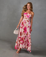 Sunny Peony Pleated Floral Satin Maxi Dress