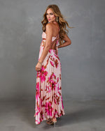 Sunny Peony Pleated Floral Satin Maxi Dress
