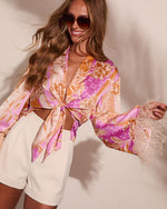 Lennora Satin Paisley Front Tie Feather Trim Blouse