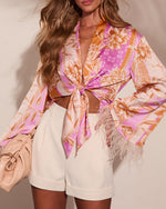 Lennora Satin Paisley Front Tie Feather Trim Blouse
