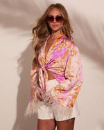 Lennora Satin Paisley Front Tie Feather Trim Blouse