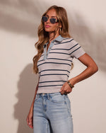 Day Shift Striped Knit Denim Collar Top