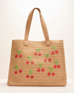 Sweet Land Woven Straw Embroidered Cherry Tote Bag