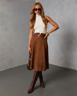 Burnt Maple Belted Suede Midi Skirt