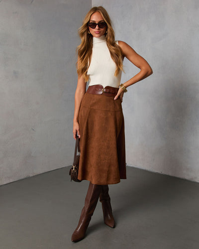 Burnt Maple Belted Suede Midi Skirt