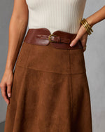Burnt Maple Belted Suede Midi Skirt