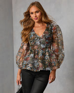 Mulled Rose Organza Printed Peplum Blouse