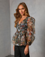 Mulled Rose Organza Printed Peplum Blouse