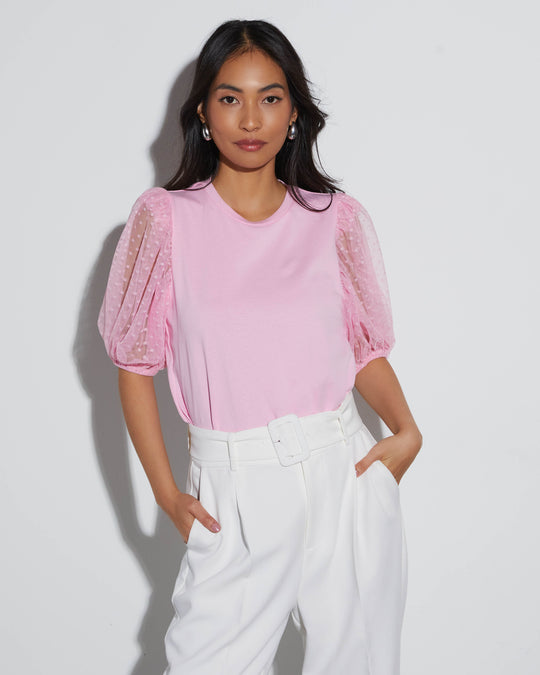 Pink % Prim And Proper Tulle Puff Sleeve Top-1