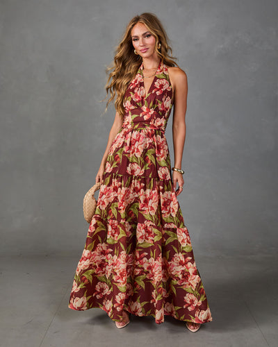 floral halter dress maxi Bloom Reverie Neck in Burgundy very fitted at natural Panelled Mini Dress category_women's_dress Choose Color:Black