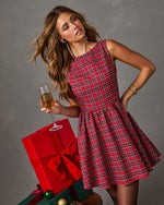 Festive Debut Plaid Velvet Bow Mini Dress