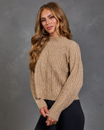 A woman modeling a beige cable-knit mock-neck sweater against a textured gray studio background.