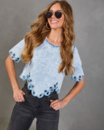 Trail Song Embroidered Eyelet Hem Denim Top