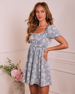 Bloom Darling Floral Denim Puff Sleeve Mini Dress