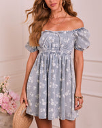 Bloom Darling Floral Denim Puff Sleeve Mini Dress