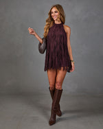 Hidden Hour Faux Suede Fringe Halter Neck Mini Dress