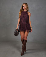 Hidden Hour Faux Suede Fringe Halter Neck Mini Dress
