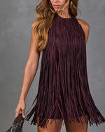 Hidden Hour Faux Suede Fringe Halter Neck Mini Dress