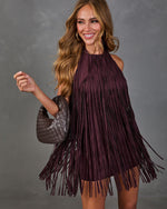 Hidden Hour Faux Suede Fringe Halter Neck Mini Dress