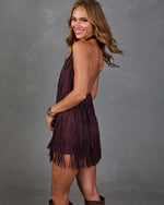 Hidden Hour Faux Suede Fringe Halter Neck Mini Dress